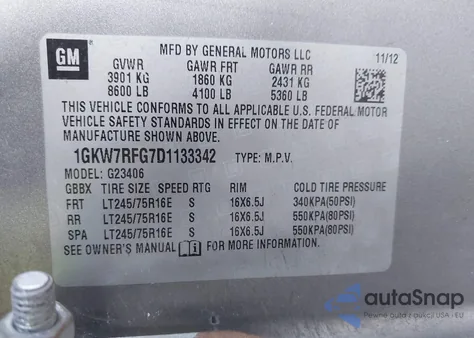 2013 GMC Savana 2500 Lt из США, поврежденный, VIN 1GKW7RFG7D1133342